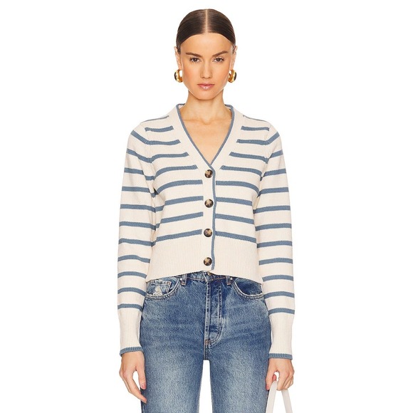 Veronica Beard Sweaters - Veronica Beard Noorie Cardigan Sz Medium Ivory Blue Striped Cotton Chic Classic